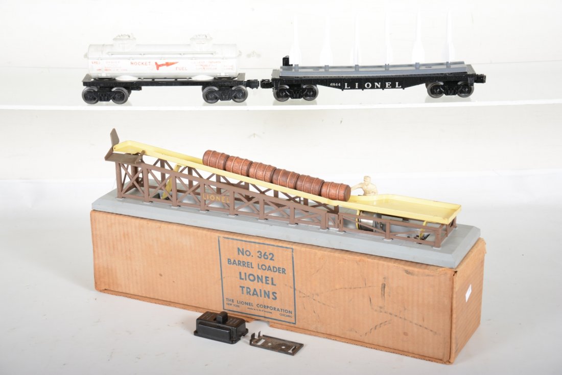 Lionel 6844, 6343 & 362: Includes a boxed 362 barrel ramp; 6844 missile flat, repro top; 6343 Rocket Fuel tank. They show light to moderate playwear