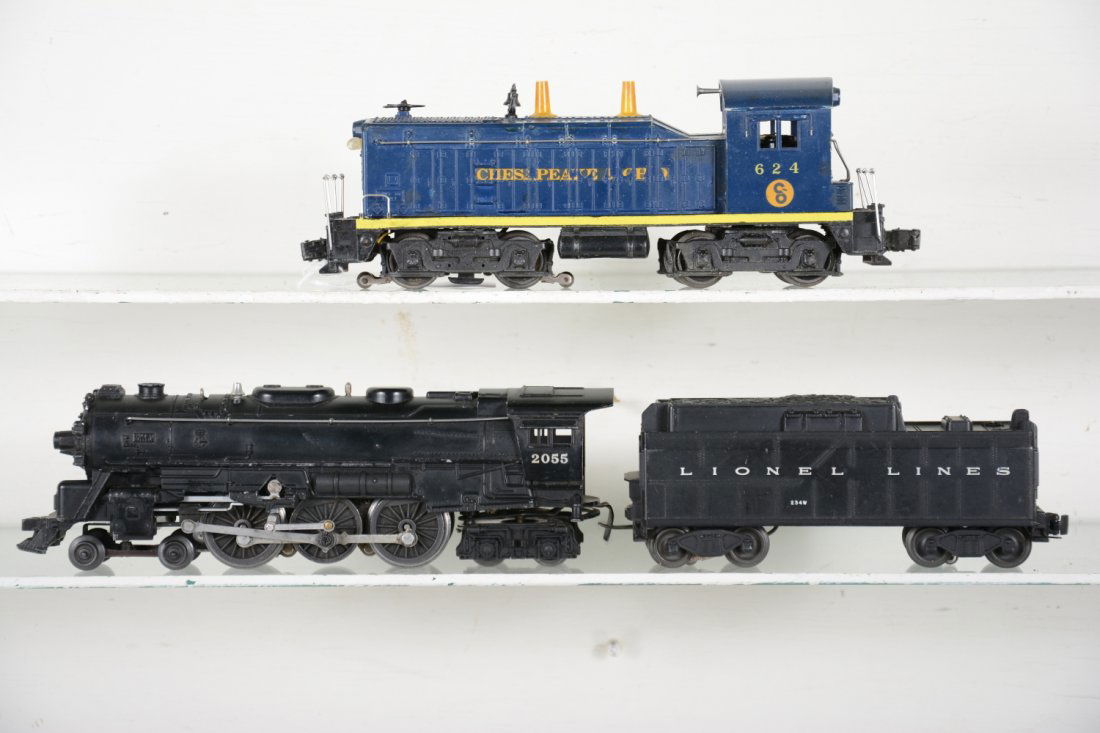 Lionel 2055 & 624 Locomotives: Includes a 624 C&O NW-2 diesel, stripe repainted on sides, antennae tip broken; 2055 steam loco, slight bend to cab corner; 2034W whistle tender. All show moderate playwear, otherwise C5+-6