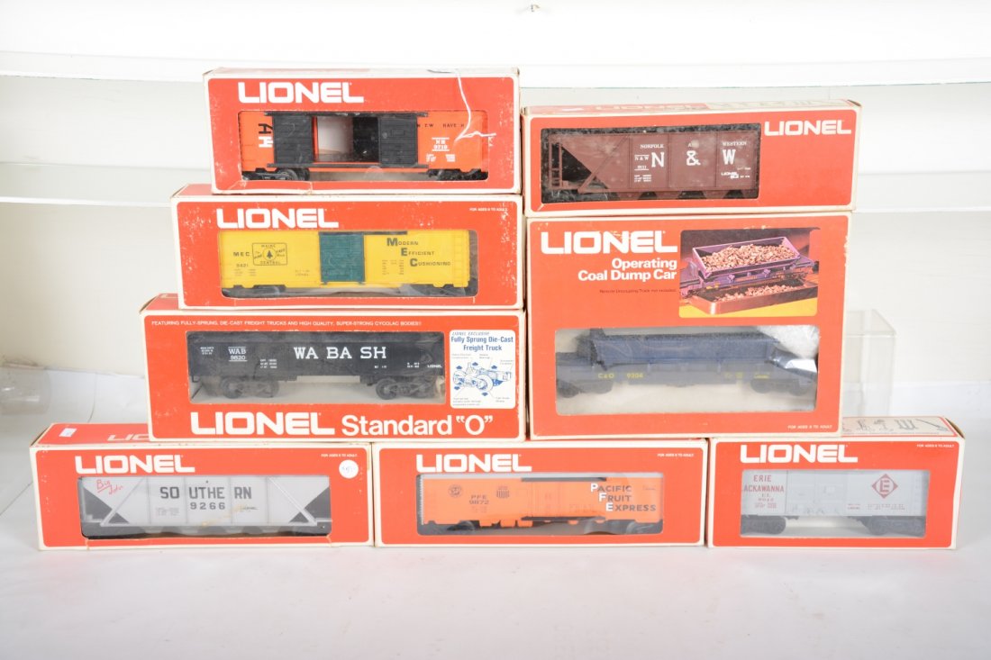 Lionel MPC Freight Cars: Includes 9872 PFE reefer; 9111 N&W hopper; 9719 NH boxcar; 9043 Erie boxcar; 9421 MEC boxcar; 9266 Southern hopper; 9821 SP gondola; 9304 coal dump car. Some show light runtime all with C9 bodies with