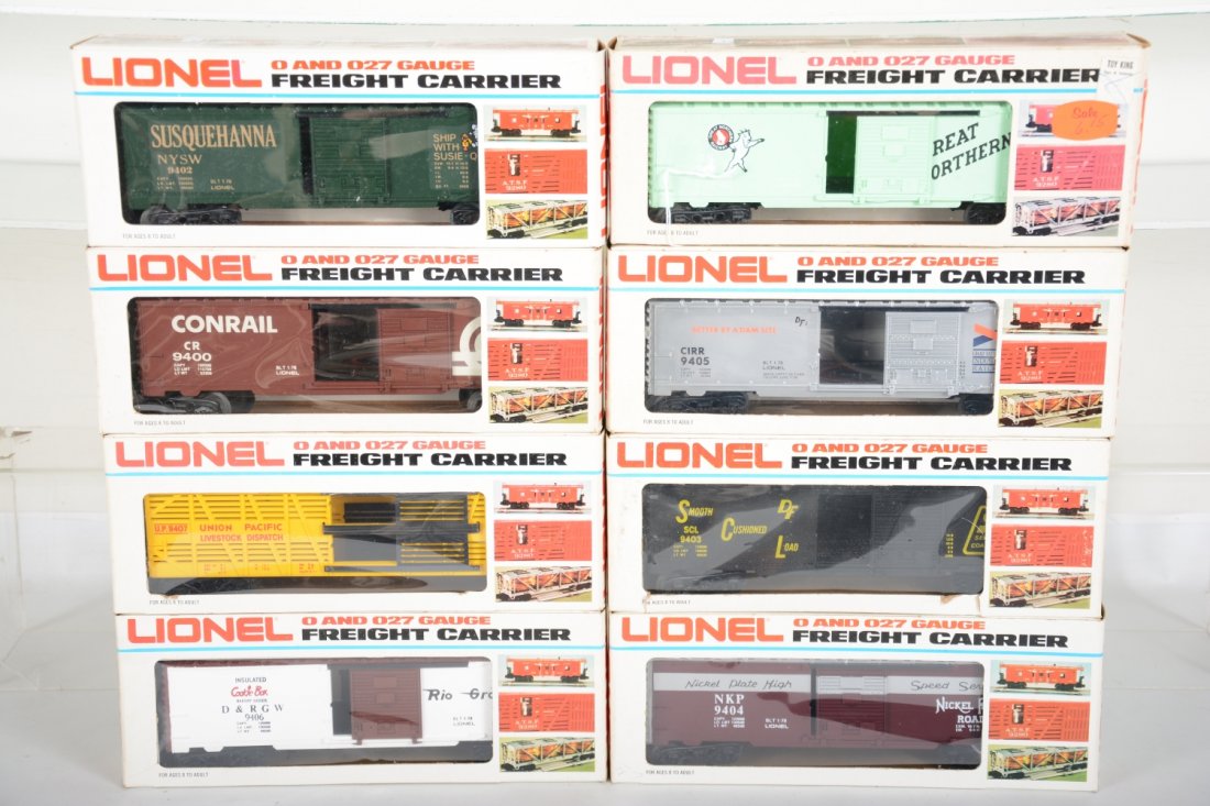 Lionel Freight Cars: Includes 9402 Susquehanna boxcar; 9400 Conrail boxcar; 9407 UP stock car; 9406 D&RGW boxcar; 9401 GN boxcar; 9403 SCL boxcar; 9405 Chattahoochee Ind, RR boxcar. Some show very light runtime, all with 