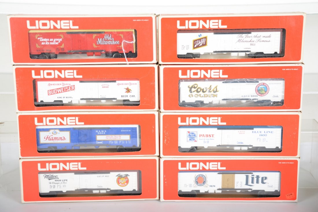 Mint Lionel MPC Beer Reefers: Includes 9856 Old Milwaukee; 9874 Miller Light; 9862 Hamm's; 9859 Pabst; 9852 Miller; 9866 Coors; 9859 Budweiser; 9851 Schlitz. All appear new in nice boxes, C10