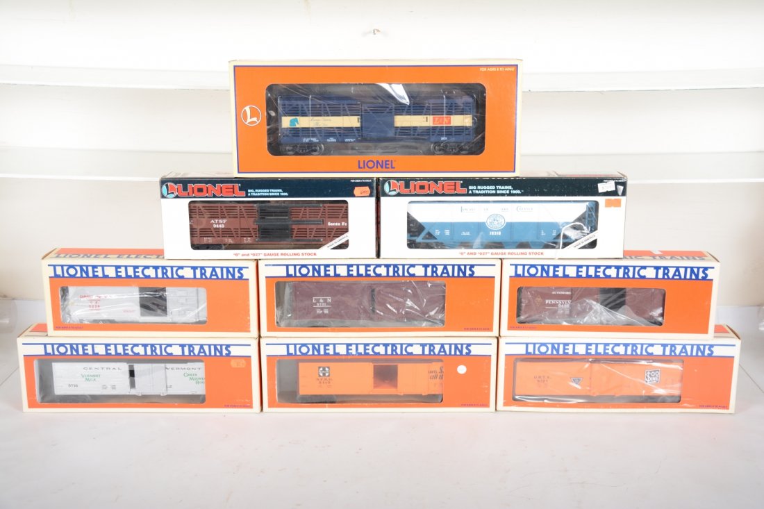 Lionel Rolling Stock: Includes a custom 2001 L&N LCCA stock car; 5721 SOO reefer; 5715 SF reefer; 5716 CV reefer; 9228 CP boxcar; 5731 L&N reefer; 9456 PRR boxcar; 9448 SF stock car; 19310 L&C hopper. All appear new in box