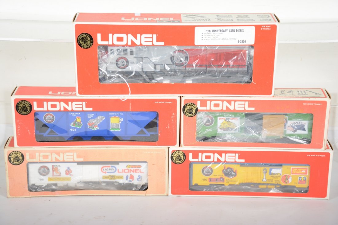 Lionel 75th Anniv Group: Includes a 7500 U36B Diesel; 7504 Off-Track hopper; 7506 Famous Catalogs boxcar; 7507 Logo Reefer car; 7502 Innovations reefer. All show light runtime with C9 bodies with boxes.