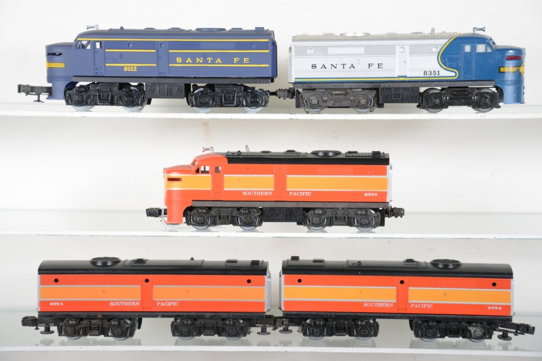 Lionel Alco Diesels: Includes an 8552 & 2 #8554 SP ABB Diesels; 8351 D&H Alco A power; 8022 SF dummy diesel, all show light runtime with C9 bodies.
