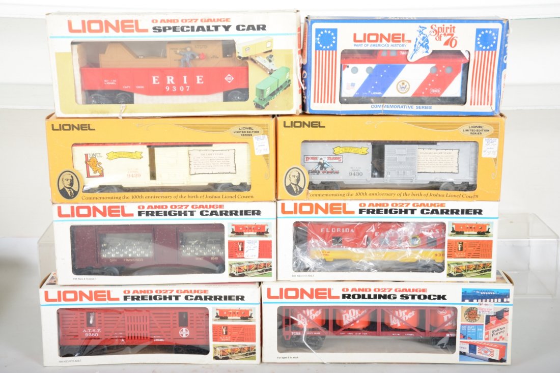 Lionel Freight Cars: Includes 9307 Animated gondola; 9430 & 9429 JLC boxcars; 7600 1776 caboose; 9349 bullion car; 9382 FEC bay window caboose; 9280 Horse transport; 9107 Dr Pepper vat car. Most have been test run with bo