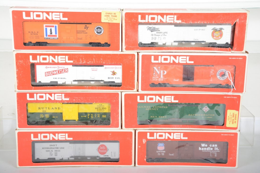 Lionel MPC Freight Cars: Includes 9710 Rutland boxcar; 9755 UP boxcar; 9863 REA reefer; 9855 Swift's reefer; 9770 NP boxcar; 9850 Budweiser reefer; 9852 Miller reefer; 9769 B&LE boxcar, some show light runtime, all have C9 bo
