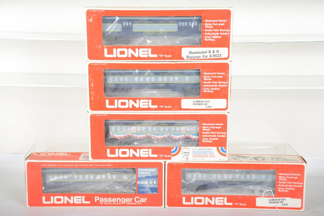 Lionel MPC B&O Passenger Cars: Includes 9523 baggage; 9516 coach; 9524 & 9525 coaches; 9529 Eisenhower Campaign Car observation. All are new in boxes, C10