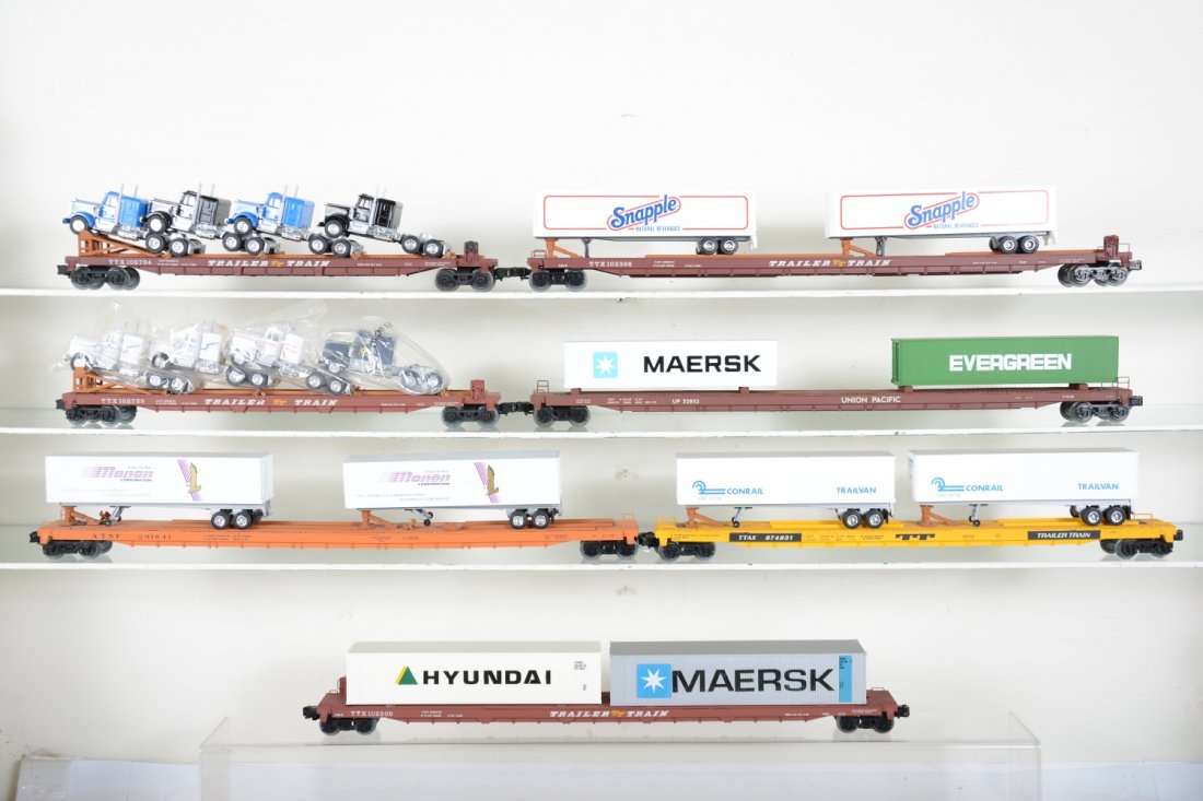 Custom Made Freight Cars, WOW!: From Pete Wicha Estate comes these awesome custom made units. These were built before scale production was common. Includes 7 flat cars2 with tractors, rest trailers or containers. Longest is 23", som
