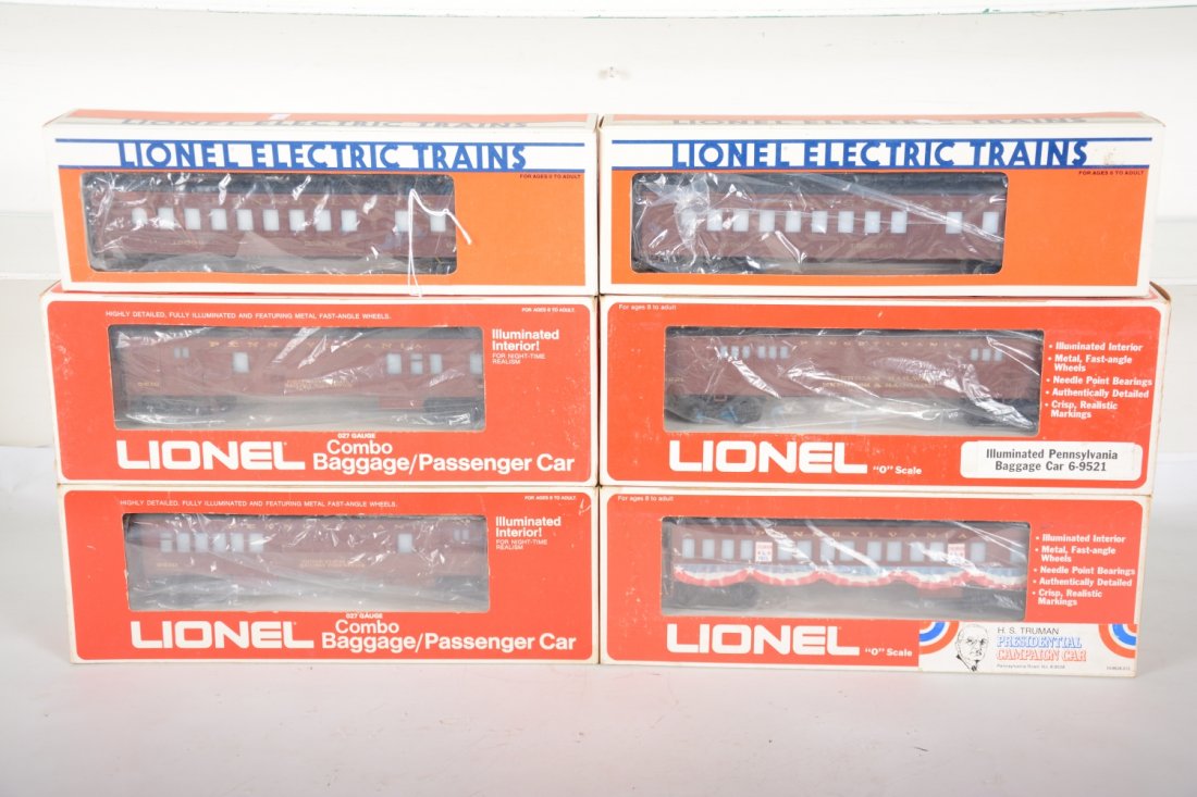 Lionel PRR Passenger Cars: Includes 9521 baggage; 2 #9510 combines; 9528 Truman observation; 2 #19002 diners. All appear new in boxes, C10