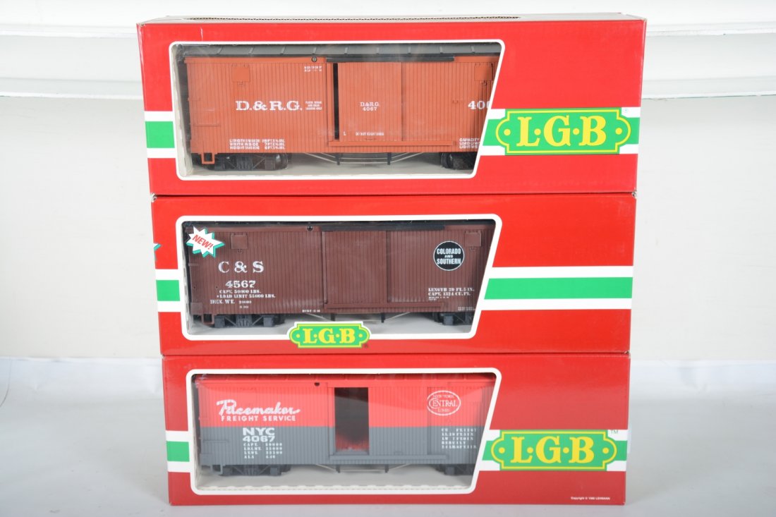 3 LGB American Freight Cars: G Gauge. Includes 4067 F01 NYC boxcar; 45670 C&S boxcar; 4067 DRGW boxcar. They appear new in boxes, C10