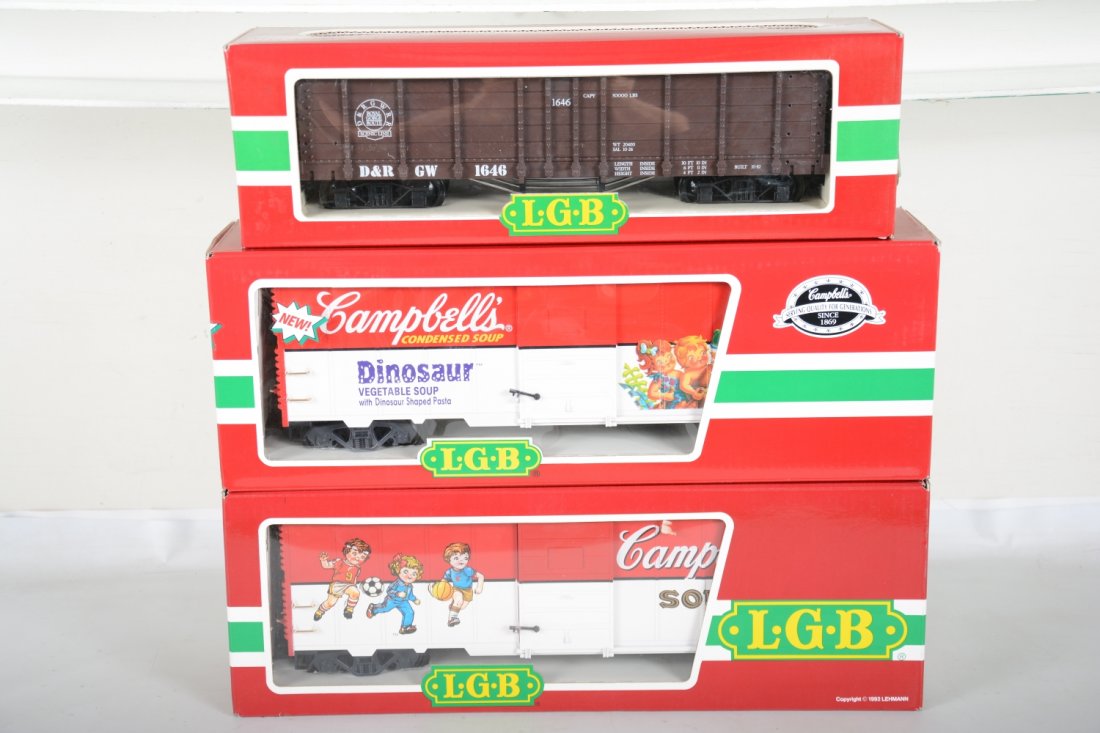 3 LGB American Freight Cars: G Gauge. Includes 46910 & 4119CS Campbell's soup boxcars; 4073 DRGW gondola. They are new in boxes, C10