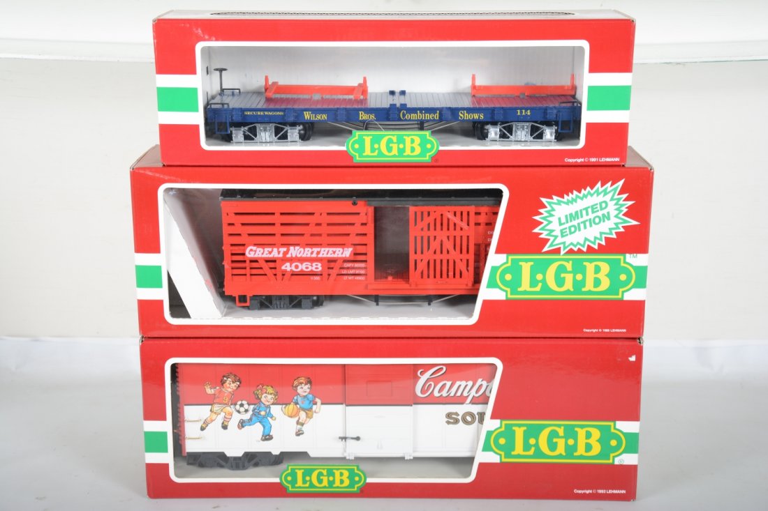 3 LGB American Freight Cars: G Gauge. Includes 4191 CS Campbell's soup boxcar; 4060 DG Wilson's circus flat; 4068 N01 GN stock car. They are new in boxes, C10