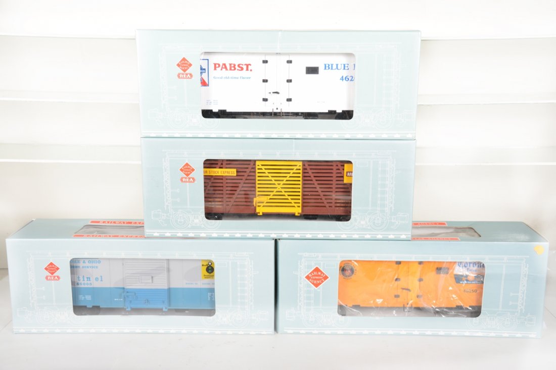 4 Aristo Craft Freight Cars: G Gauge. Includes 46250 Corona Beer reefer; 46008 B&O stock car; 46203 Pabst Beer reefer; 46101 Armor stock car. Most appear new in boxes, C9-10