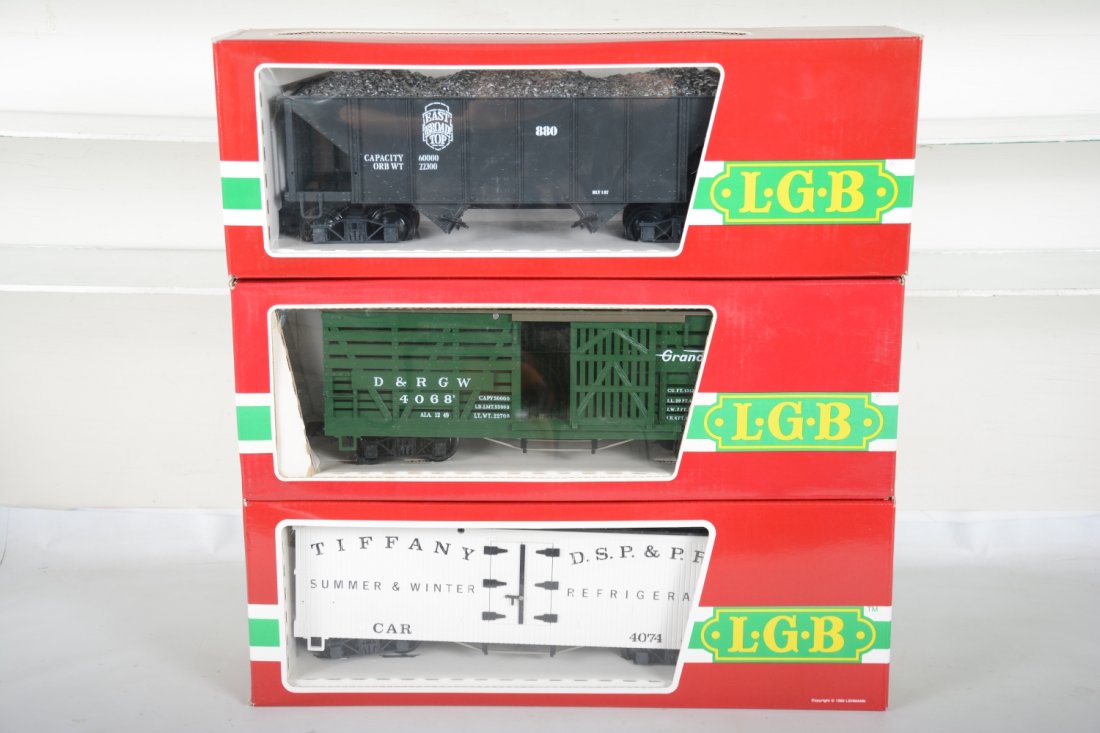 3 LGB Freight Cars: G Gauge. Includes 4074 B02 Tiffany reefer; 4076 EBT hopper; 4068 DRGW stock car. Most appear new in boxes, C9-10