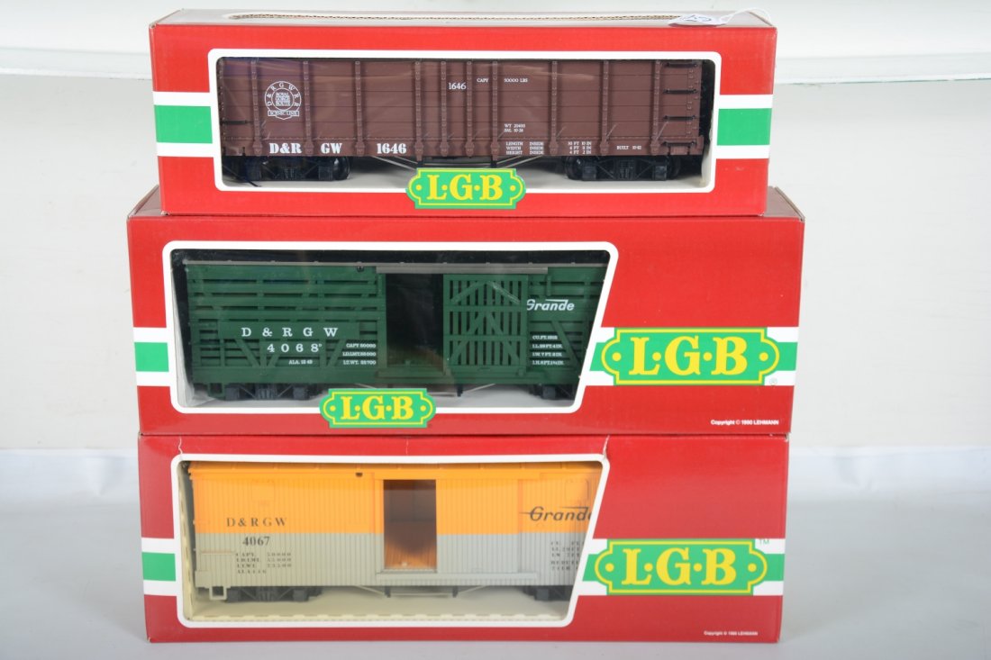 3 LGB DRGW Freight Cars: G Gauge. Includes 4067 D01 boxcar; 4068 stock car; 4073 gondola. Most appear new in boxes, C9-10