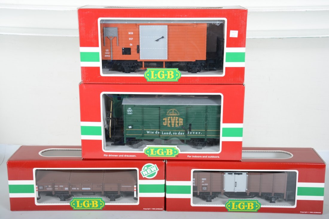 4 LGB 4-Wheel Freight Cars: G Gauge. Includes 4027 goods wagon; 4124 open wagon; 4111 DR salt wagon; 45260 Tever goods wagon with brake shack. Most appear new in boxes, C9-10