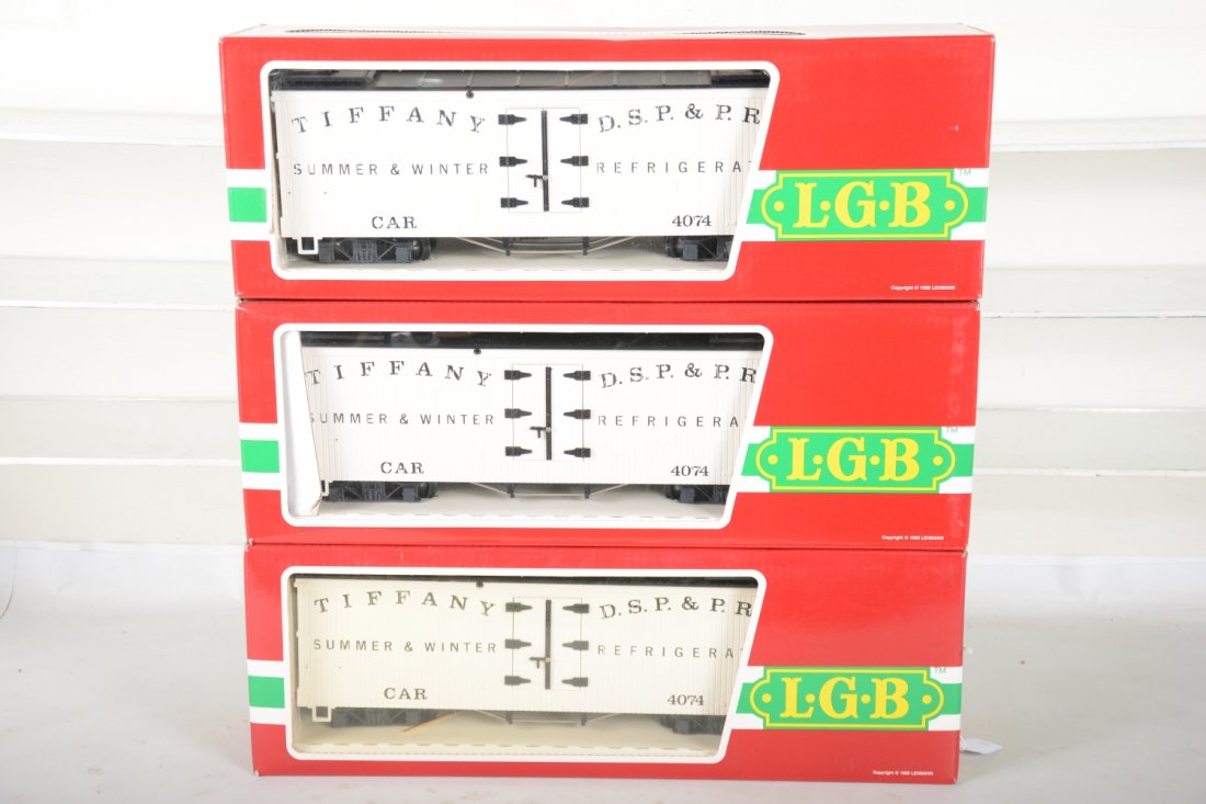 3 LGB 4074-B02 Tiffany Reefers: G Gauge. All appear new in boxes, C10