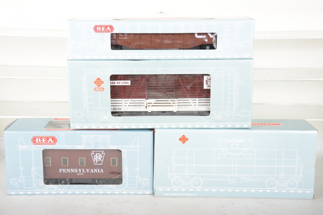 4 Aristo Craft Freight Cars: G Gauge. Includes 46006 CN boxcar; 41004 CV covered gondola; 42104 PRR caboose; 41308 UP chemical tank car. All appear new in boxes, C10