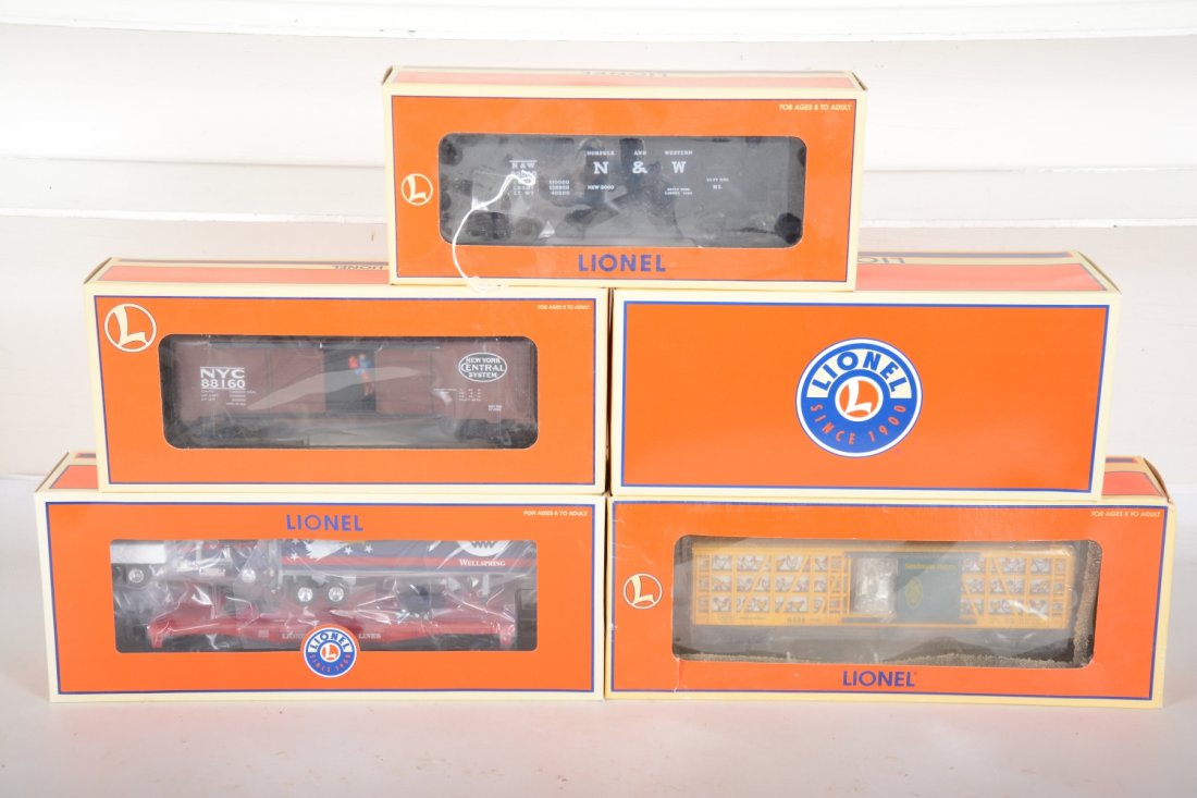 Lionel Freight Cars: Includes 37002 Operating Plutonium car 2-pack; 19885 N&W operating hopper; 26725 Operating NYC hobo car; 19882 Sanderson poultry car; 38442 Wellspring flat with trailers. All appear new in boxes, C10