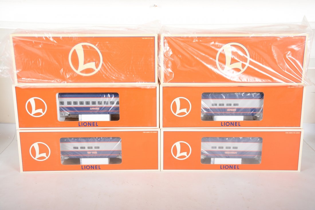 Lionel Spirit Of The Century F3 Set: Includes 381554 & 38155 Spirit Of The Century F3 AA diesels with RailSounds, TowerCom, CrewTalk and TMCC; Matching passenger cars, 39110, 39111, 39112 Vista-domes; 39113 Solarium observation. All are 