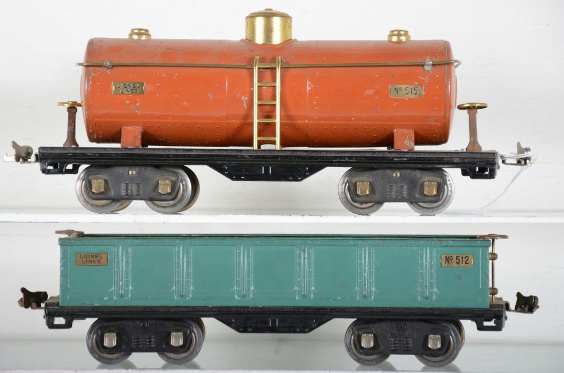 Lionel 512 & 515 Freight Cars: Standard Gauge. Includes a 515 terra-cotta tank car; 512 gondola. They are dusty and show moderate playwear, C6