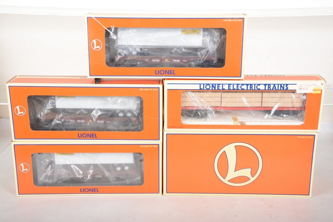 Lionel Freight Cars: Includes 26952, 53 & 54 flats with JB Hunt trailers; 16381 I-Beam flat with lumber; 21754 BNSF covered hopper 2pk. All show very light runtime with C9 bodies with boxes.