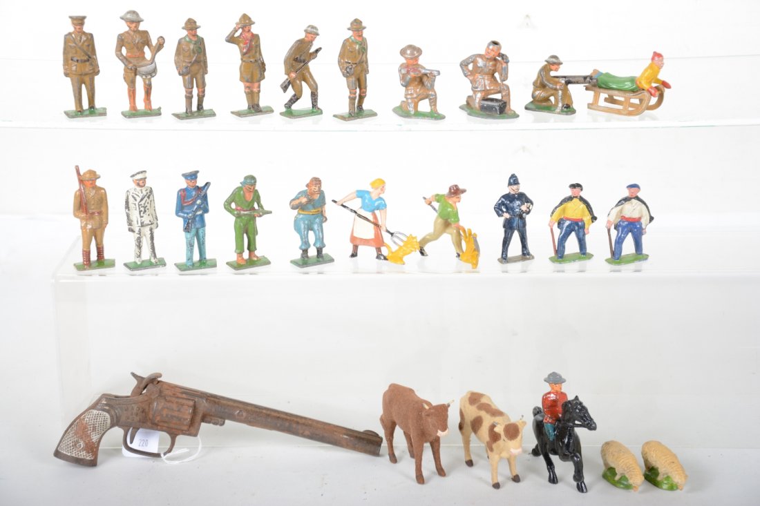 Dimestore Figures & Cap Gun Lot: Includes a Hubley Big Scout iron cap gun, working, C3; assortment of dimestore figures and soldiers by Gray Iron, Barclay & others. Grade range is C2 through 8, so examine photos closely.