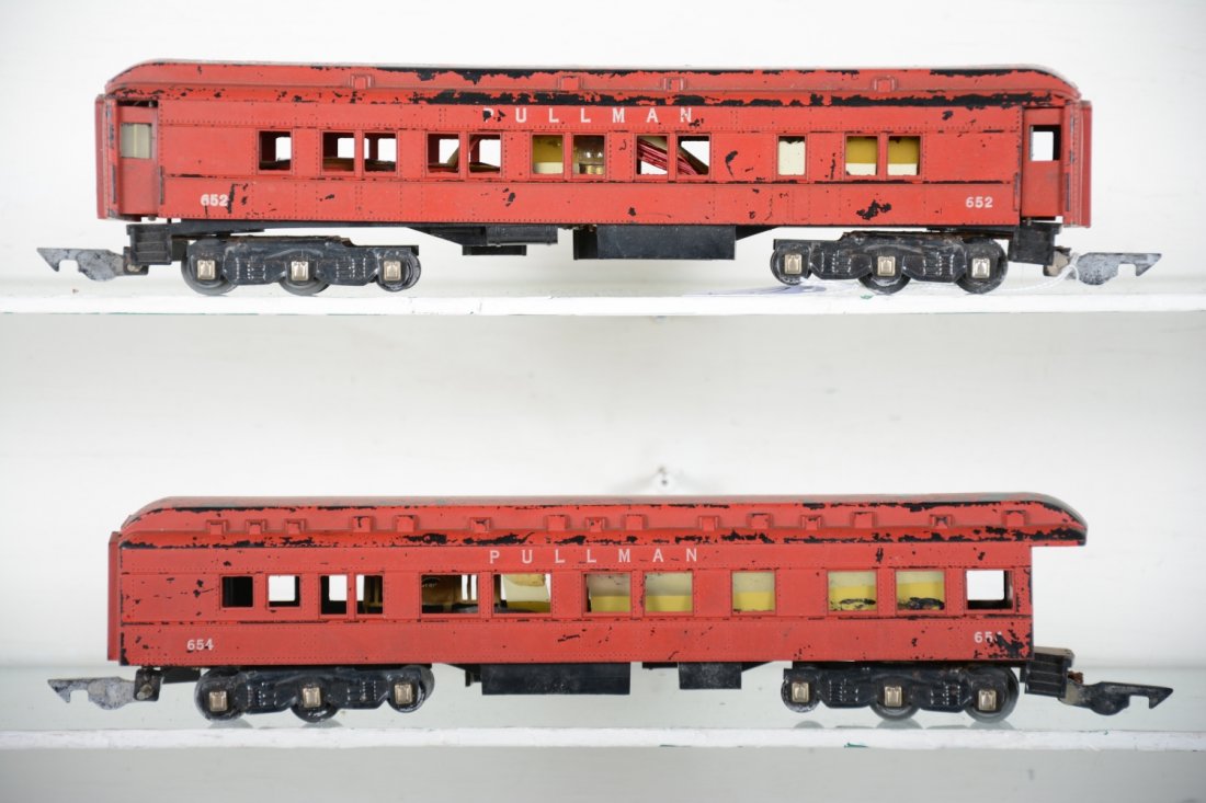 Scarce American Flyer Long Truck Cars: S Gauge. Includes a 652 Pullman & 654 observation. They are long truck versions and are ready to restore.