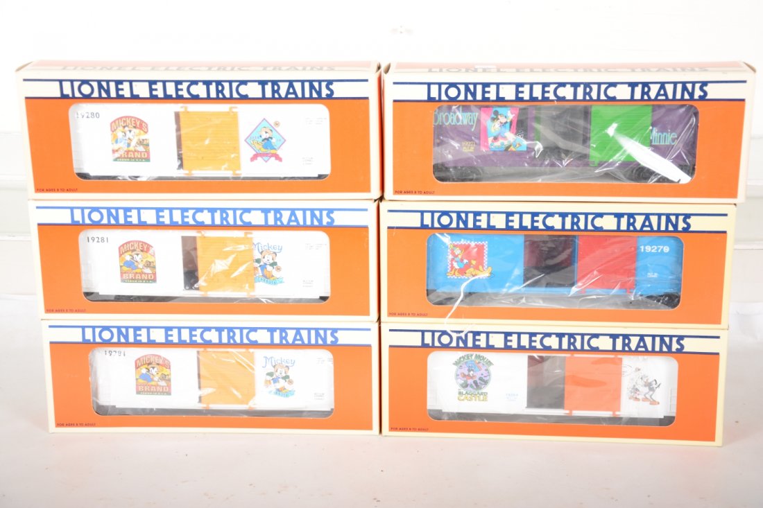 Disney Mickey Mouse Boxcars: Includes 19264; 19270; 19271; 19280 & 2 #19281. All show light runtime with C9 bodies & boxes.