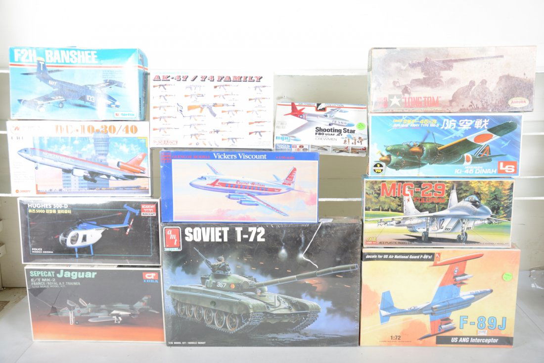 Assorted Vintage Airplane Model Kits, Plus: 11 kits, most by MPC, Airfix; Academy & Others, all new in packaging, plus a Tank kit by AMT and a 1963 Aurora Long Tom 155mm gun kit. Contents as per photos, C9-10