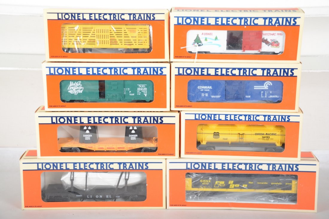 Lionel Freight Cars: Includes 16666 Toxic Waist car; 16661 Flat with operating boat; 16123 UP tank car; 6231 Railgon coil car; 19929 Christmas 1994 boxcar; 16238 NYNH&H boxcar; 16248 Conrail boxcar; 16662 Bugs bunny & Yos
