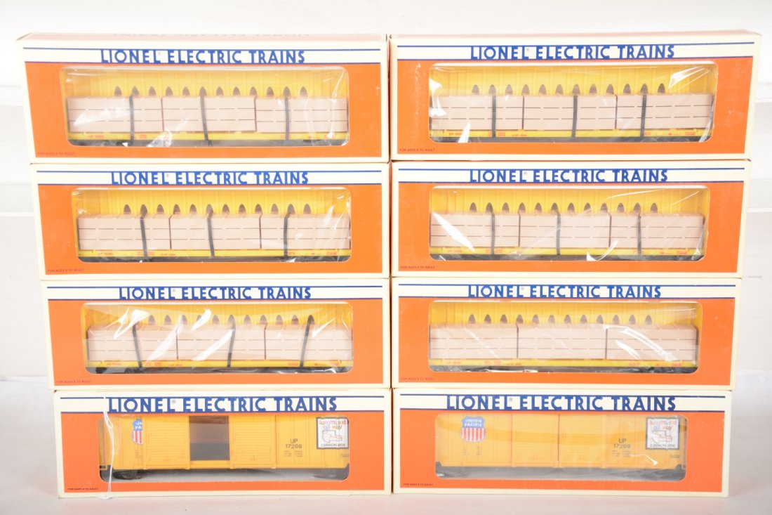 Lionel Union Pacific Standard O Freight Cars: Includes 2 #17208 d-door boxcars; 6 #16380 I-Beam lumber flats. All are new in boxes, C10