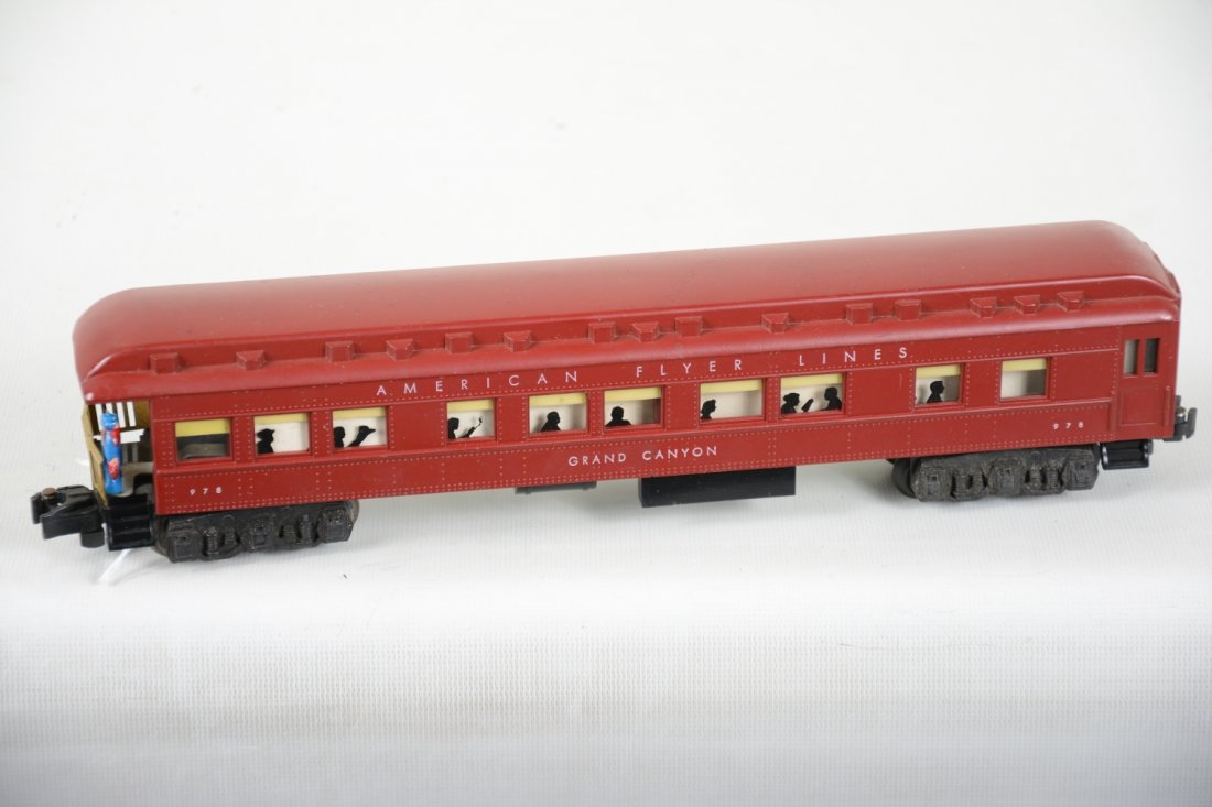Scarce American Flyer 978 Animated Observation: S Gauge. Clean with nice stain patina. Operating brakeman on rear deck. Lettering is bright and it shows light playwear, C8. Nice!