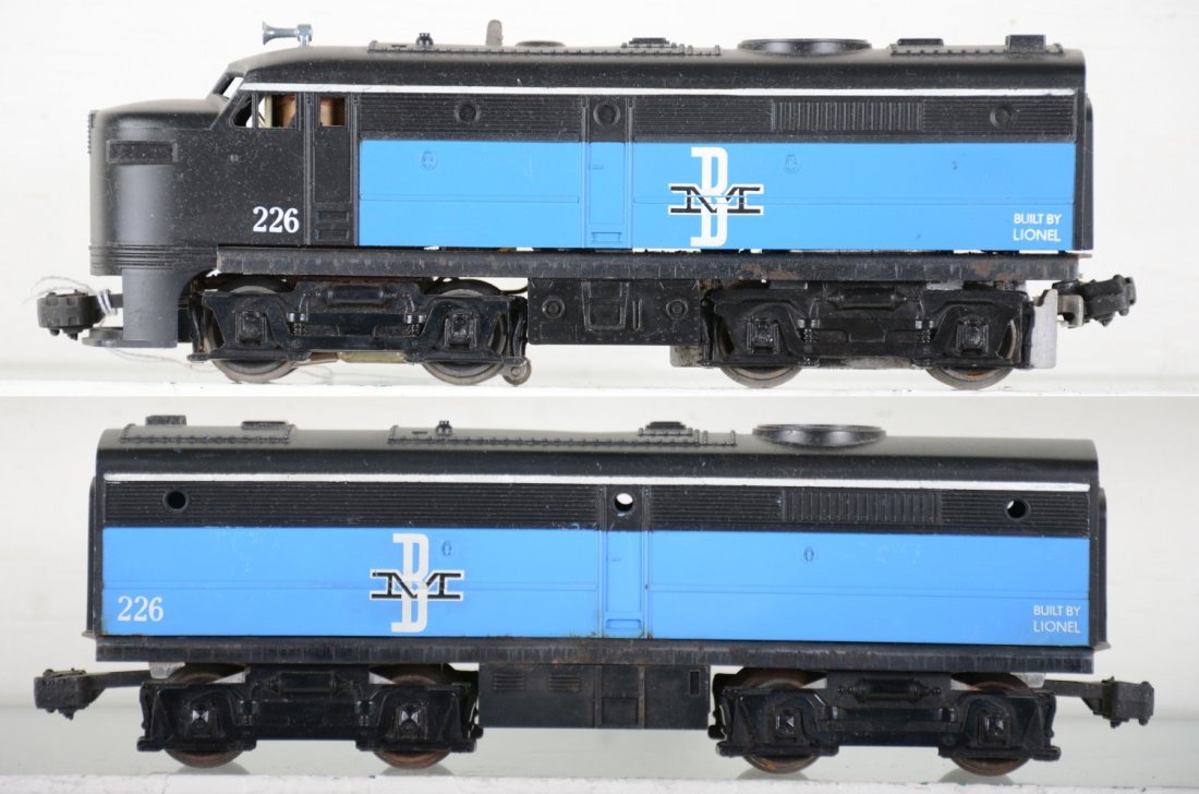 Nice Lionel 226 B&M Alco AB Diesels: Clean matched pair with intact cowl. They have bright graphics and nice matte patina, showing light runtime, C8-8+. Nice examples!