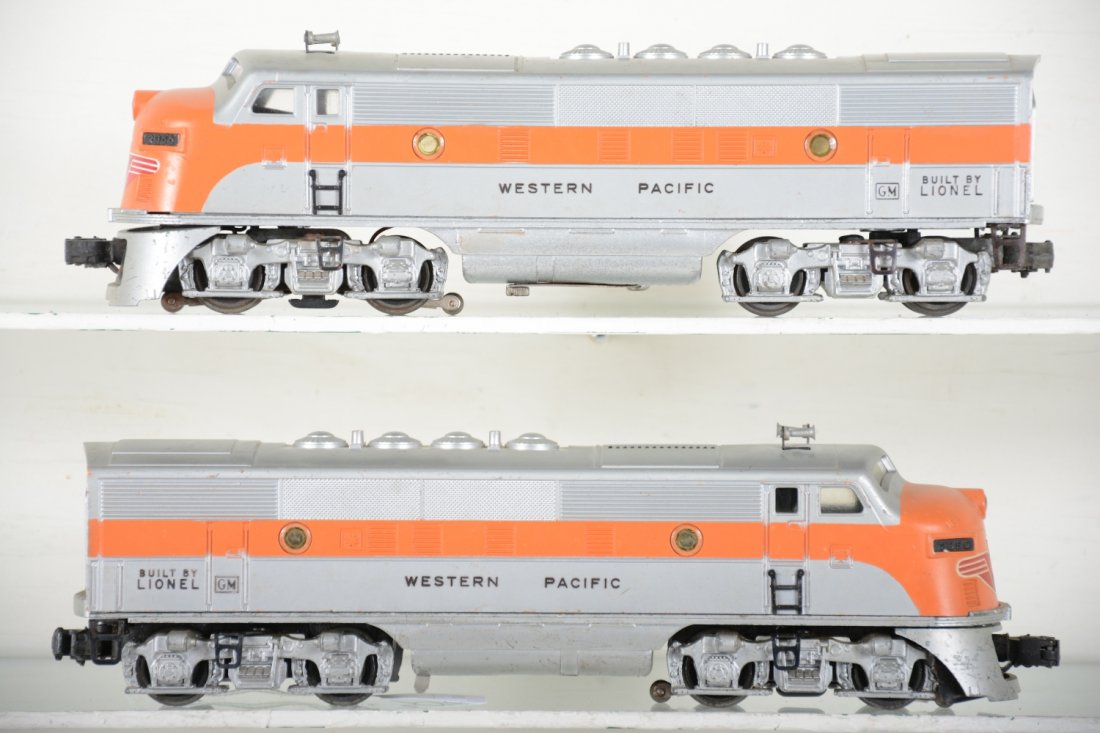 Clean Lionel 2355 WP F3 AA Diesels: Nice matched shells with powered having usual decal chips, dummy is 95%; The dummy frame show some repaired battery damage. Over-all they show light to moderate playwear, otherwise C6 ish.