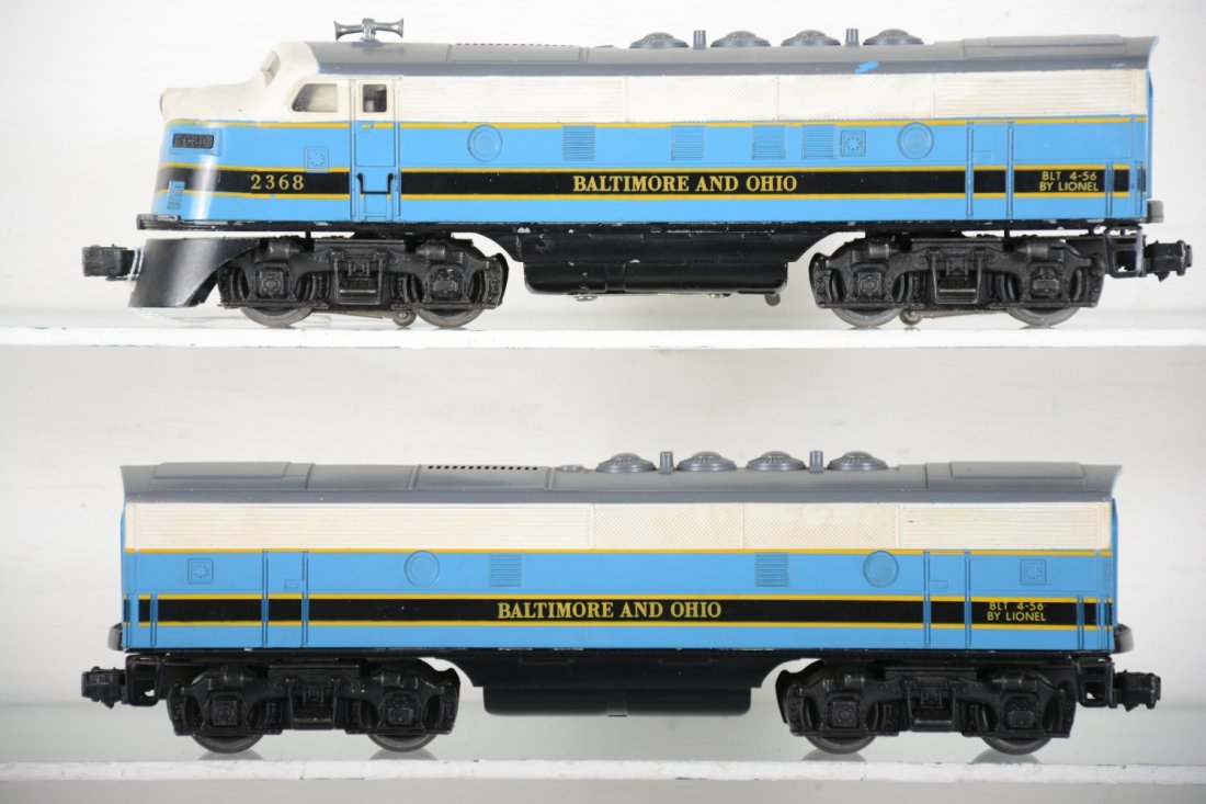Lionel 2368 B&O F3 AB Diesels: Clean matched dual motor pair with clean battery box and moderate run time, C6-6+