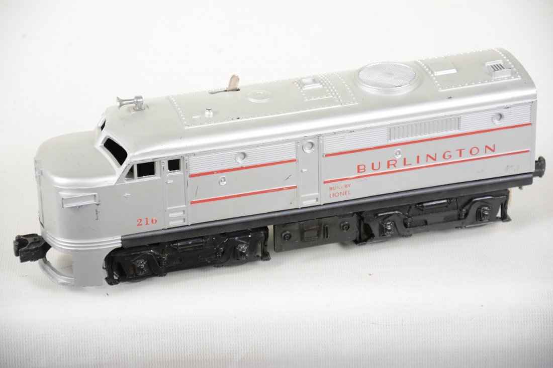 Clean Lionel 216 Burlington Alco Diesel: Intact with nice silver. It shows light to moderate playwear, C6+. Tough!
