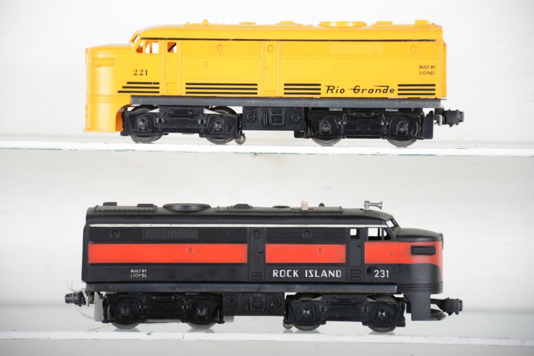 Lionel 221 & 231 Alco Diesels: Includes a 231 Rock island & 221 Rio Grande. Both show light playwear, C7+-8