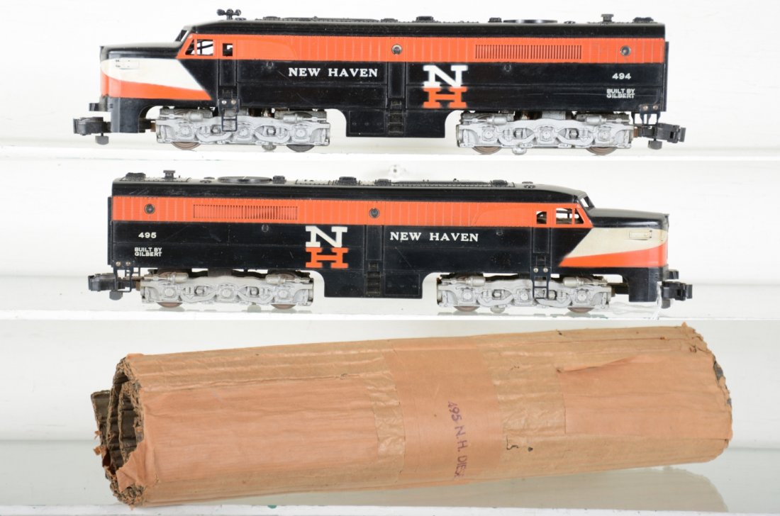 Clean American Flyer 494 & 495 NH Diesels: S Gauge. Nice PA AA diesels, clean with bright graphics. 495 has original wrapping. They show light playwear, C7-7+
