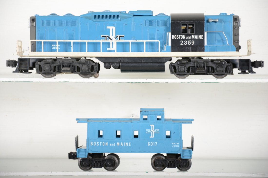 Lionel 2359 B&M GP9 & Caboose: Clean intact cab with bright graphics and clean battery box. Matching 6017-100 B&M caboose. They show light playwear, C7+-8