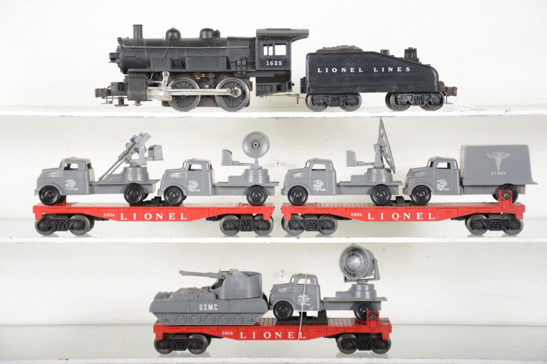 Partial Lionel Military Set 1595: Includes a 1625 steam switcher; 1625T slant back tender; 6804 flat with Pyro gun turret truck & sound truck; 6806 flat with Pyro hospital truck & radar truck; 6808 flat with Pyro large tank and repro