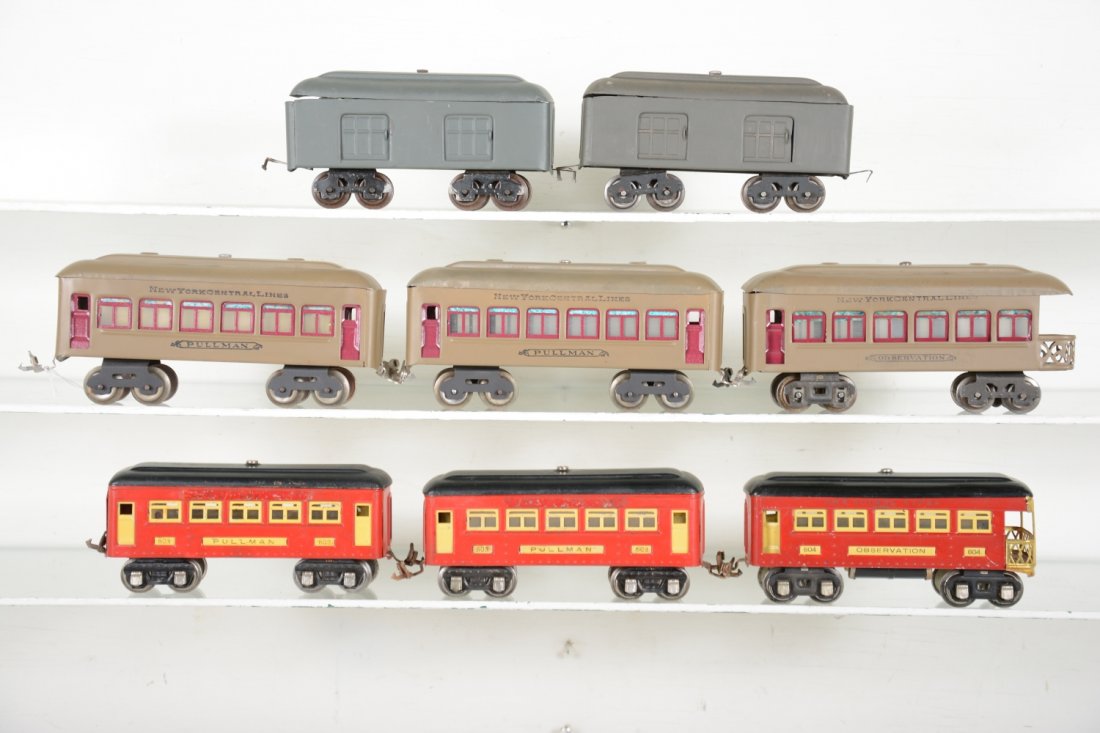 Redone Lionel Passenger Cars: Includes 2 #602 baggage cars, gray; 2 #610 Pullmans; 612 observation, mojave; 2 #603 Pullmans; 604 observation red over-painted around lettering. All painted at a hobbyist level.