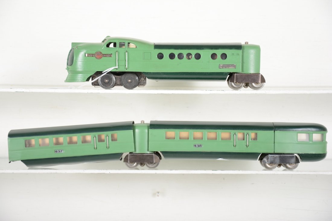Restored Lionel Green 636W City of Denver: Includes a 636W diesel; 637 coach; 638 observation, redone in t-tone green at a hobbyist level.