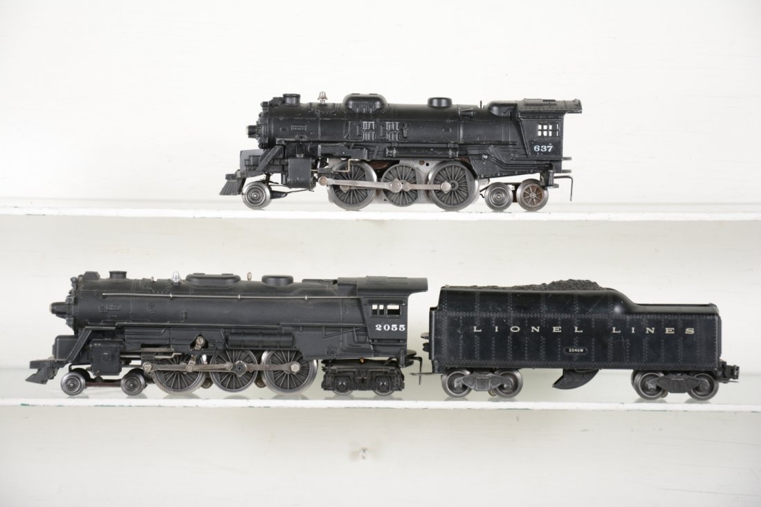 Lionel 2055 & 637 steam Locomotives: Includes a restored 2055 Hudson; 2046W tender, C5; restored 637 loco only.