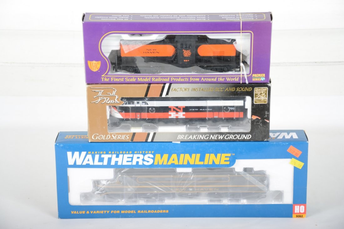 Boxed New Haven HO Diesels: Includes a Walthers 910-9101 DL-109 cab #0703; True Line 500122 C-Liner Mc Guinness cab #799; IHC 24009 Alco 415 cab #567. They appear new in boxes, C9-10