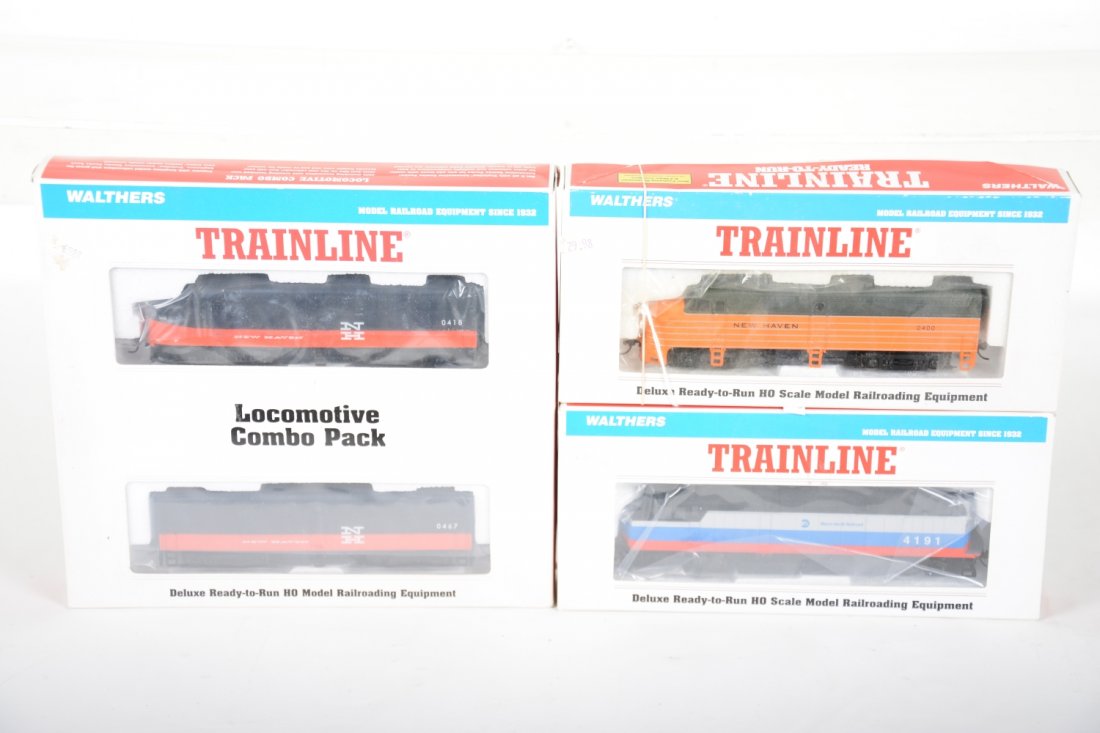 Boxer Walthers HO Diesels: Trainline Series, including 931-327 Metro North F40PH, cab #4191; 931-223 NH FA-1 diesel, cab #0400; 931-772 NH FAB diesels cabs #0418 & 0467. All appear like new with boxes, C9-10
