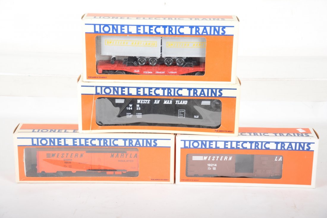 Lionel Western Maryland Freight Cars: Includes 18423 quadhopper; 19404 trailer flat; 19214 boxcar; 19511 reefer. They appear new in box, C10