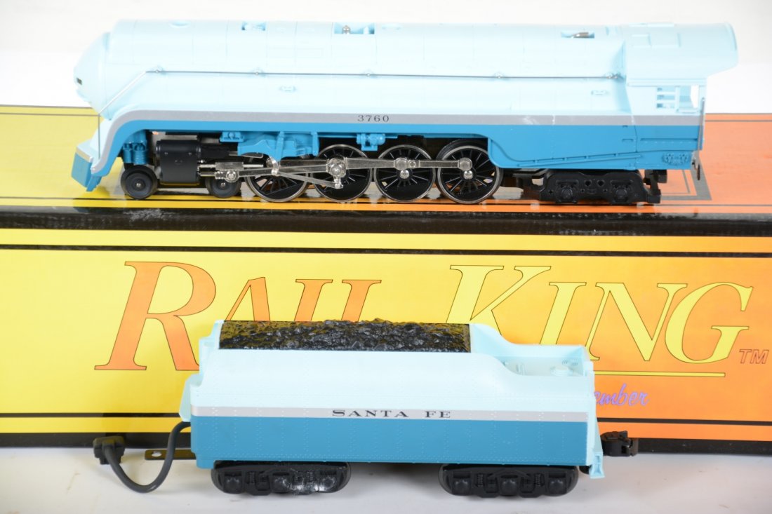 MTH RailKing 1106 ATSF Blue Goose Northern: Nice streamline steam loco with smoke, light, digital whistle, cast bodies, flywheel drive and more! It shows very light runtime with C9 bodies with box.