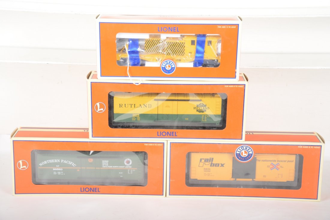 Lionel Standard O Freight Cars: Includes 29870 operating MOW snow blower with smoke; 36273 RailBox Hi-Cube; 17316 NP reefer; 19552 Rutland reefer. All appear new in box, C9-10
