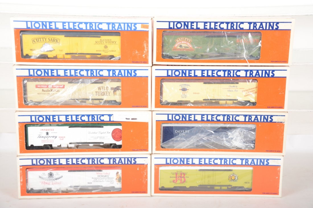 Lionel Liquor Reefers: Includes 9828 J&B; 9841 Calvert Gin; 9840 Fleischmann's Gin; 9845 Baileys Irish cream; 9829 Dewars; 9843 Tangurerary; 9837 Wild Turkey; 9827 Cutty Sark. Most appear unrun with shop worn boxes, C9-10